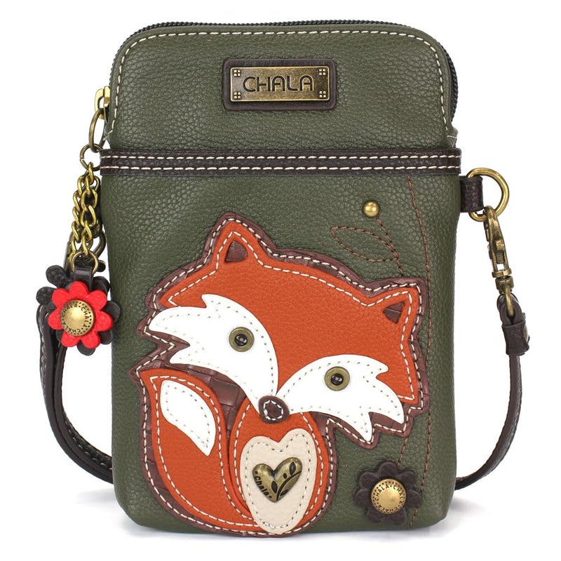 CHALA Woodland Animal Collection Cell Phone Crossbody Purse-Women PU Leather/Canvas Multicolor Handbag with Adjustable Strap - Fox - dark olive - Image 1